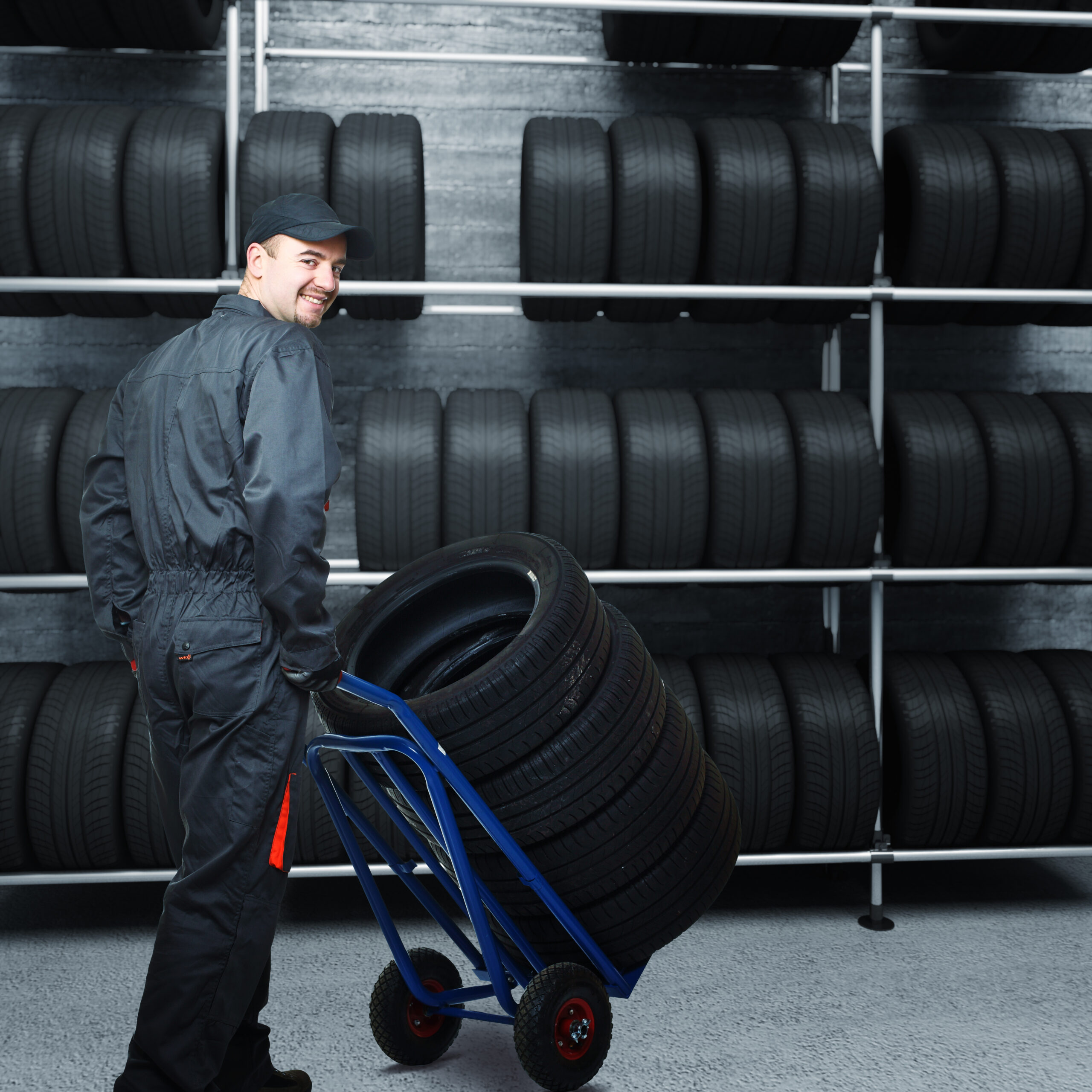 smiling mechanic caucasian mechanic at work with tires and 3d garage background